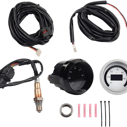 Automotive gauge kit with black gauges, wiring, and connectors on a white background