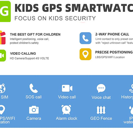 4G Kids GPS Smartwatch with features listed on a blue and white background