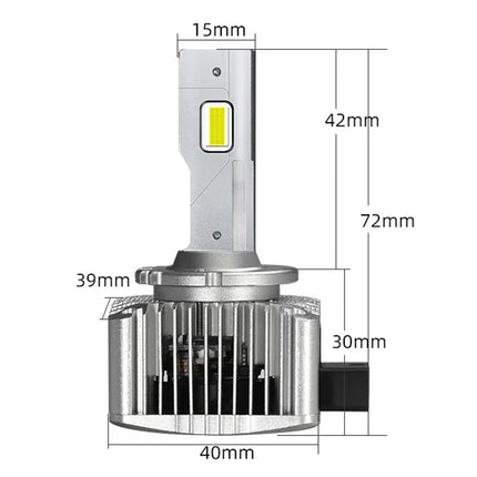 A silver LED car headlight bulb with dimension annotations showing measurements such as 15mm, 42mm, 72mm, 39mm, 30mm, and 40mm on a white background.