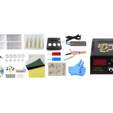 Collection of tattoo supplies including needles, ink, and power supply on a white background