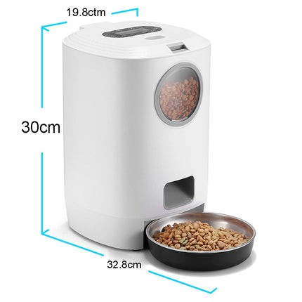 White pet feeder with a bowl of food and dimensions labeled on a white background