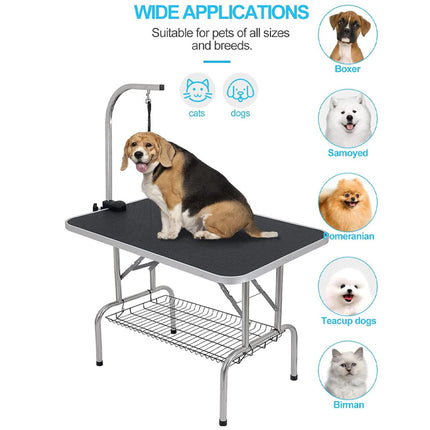 Dog grooming table with a dog on it, surrounded by images of different breeds.