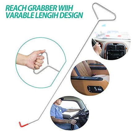 A long metal car interior grabber tool with a curved handle and hook tip, shown on a white background with text reading 'REACH GRABBER WIIH VARIABLE LENGH DESIGN' and three circular inset photos demonstrating use in a hand, inside a car dashboard, and inside a car door.