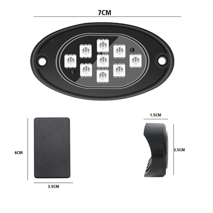 Black oval LED light fixture shown with dimension labels: 7CM width at the top, 6CM height and 3.5CM width for the mounting plate, and 1.