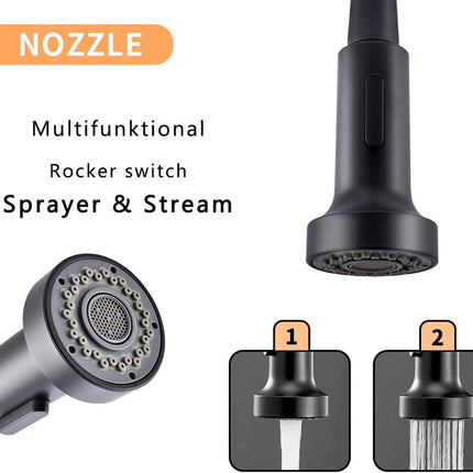 Black pull-out kitchen faucet nozzle with rocker switch, shown with text reading 'NOZZLE' and 'Multifunktional Rocker switch Sprayer & Stream,' plus two inset diagrams showing spray and stream modes.