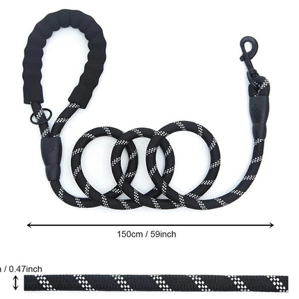 Black dog leash with measurement details on a white background