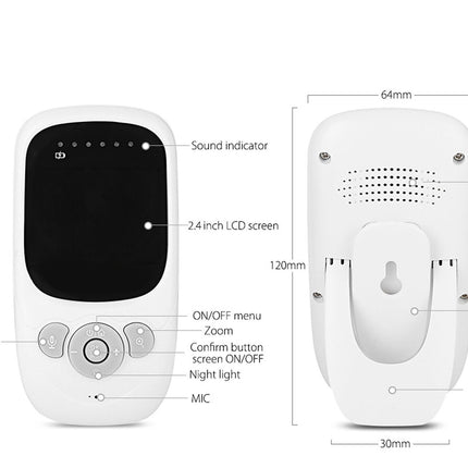 White baby monitor with labeled features and dimensions on a white background