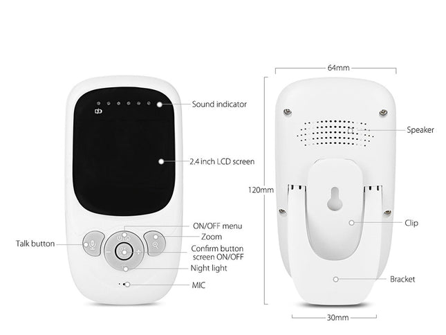 White baby monitor with labeled features and dimensions on a white background