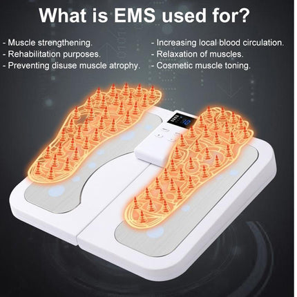 An EMS foot massager shown on a dark background with explanatory text reading 'What is EMS used for?' and bullet points about muscle strengthening, circulation, relaxation, and toning.
