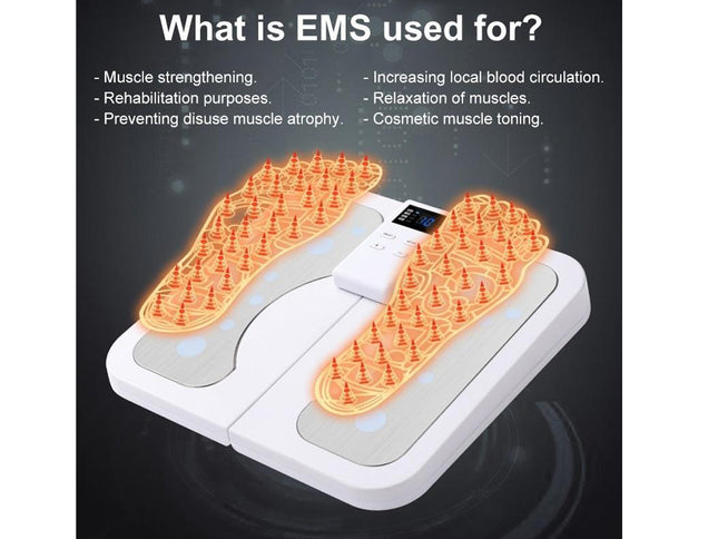 An EMS foot massager shown on a dark background with explanatory text reading 'What is EMS used for?' and bullet points about muscle strengthening, circulation, relaxation, and toning.