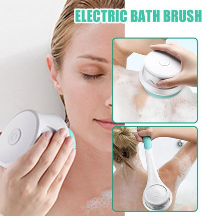 Electric bath brush being used on a person with close-up insets of the product.