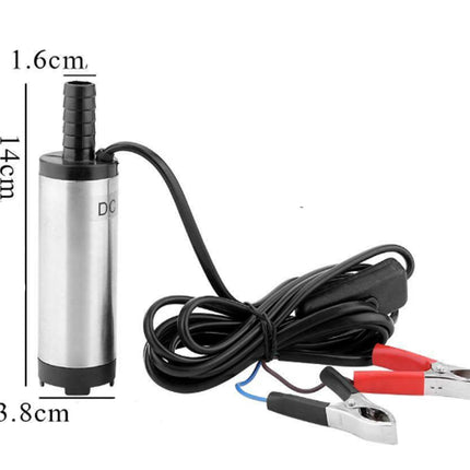 Submersible pump with clamps and cable, shown with measurements on a white background.