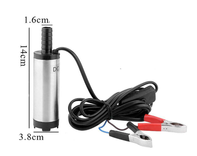 Submersible pump with clamps and cable, shown with measurements on a white background.