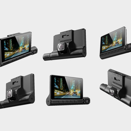 Six views of a black 3D-printed dashboard camera mount on a light gray background, showing different angles of the device with its screen active.