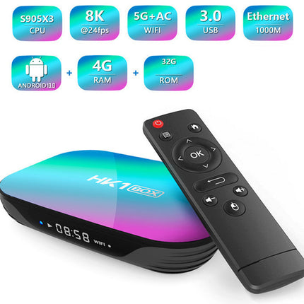 Smart TV box with remote control and feature icons on a white background