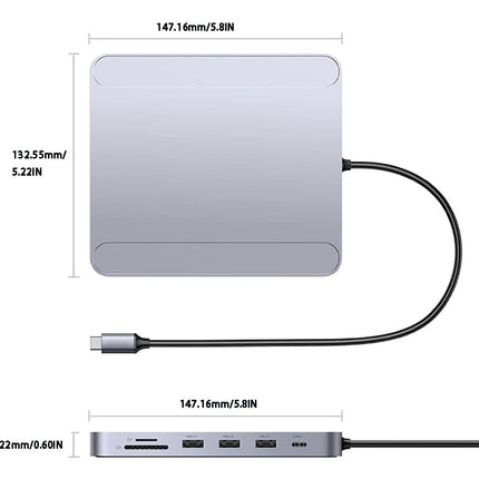 Measurement chart of a USB hub with dimensions labeled