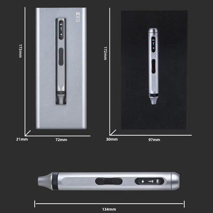 Measurement chart of a pen-like device with dimensions on a black background