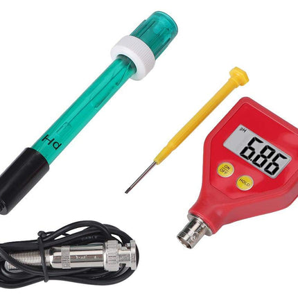 Digital pH meter kit with a green and black pH probe, a yellow temperature probe, and a red handheld display unit on a white background.