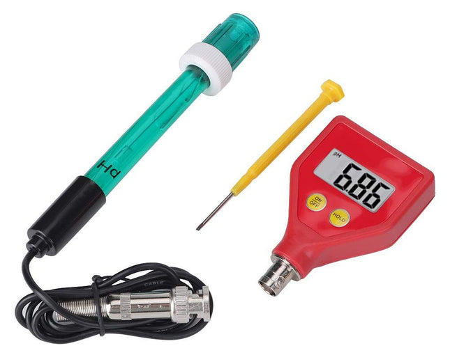 Digital pH meter kit with a green and black pH probe, a yellow temperature probe, and a red handheld display unit on a white background.