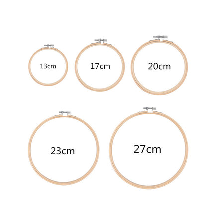 Set of wooden embroidery hoops with measurements labeled on a white background