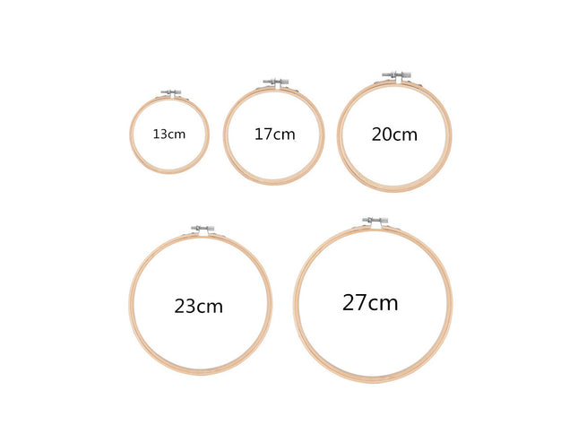 Set of wooden embroidery hoops with measurements labeled on a white background