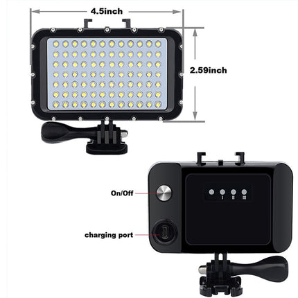 Black rectangular LED light panel with mounting bracket shown from front and back views on a white background, with dimension labels 4.5inch and 2.