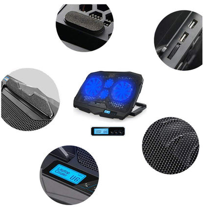 Black laptop cooling pad with blue LED display on a white background