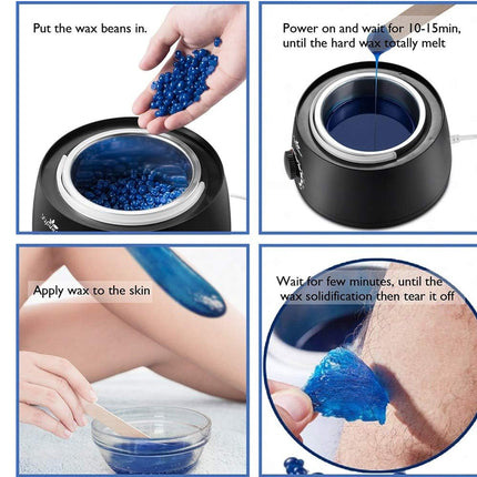 Step-by-step guide on using a waxing tool with blue wax beans.
