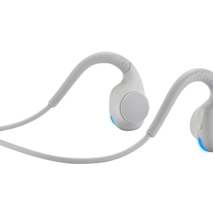 White sport earbuds with a connecting cable, shown on a solid white background.