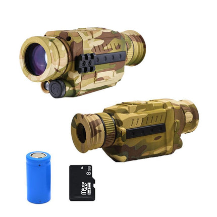 Two camouflaged night vision goggles with a battery and microSD card on a white background