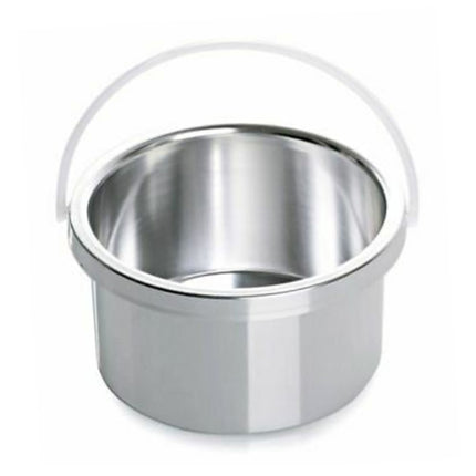 Stainless steel container with a handle on a white background