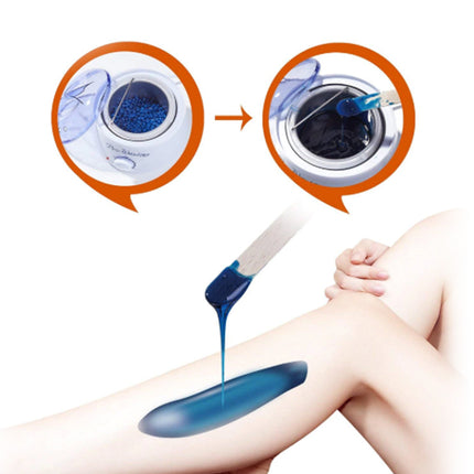 Blue wax being applied to a person's leg with close-up insets showing the wax and applicator.