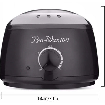 Black wax warmer with 'Pro-Wax100' branding and dimensions displayed.