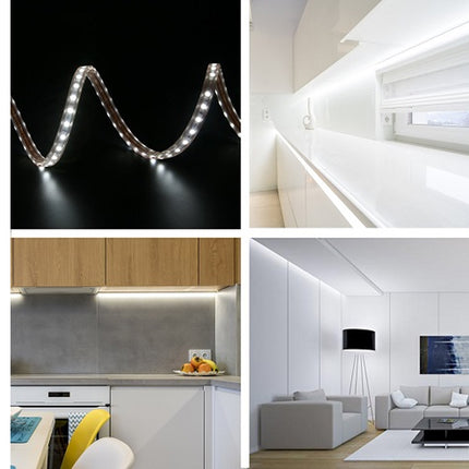 Collage of LED strip lights in various settings including a kitchen, living room, and hallway.