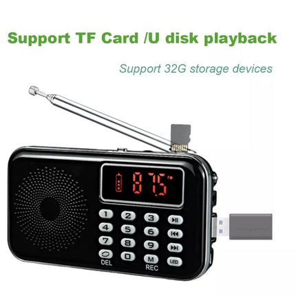 Black portable radio with digital display and USB connection on a white background