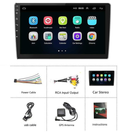 Car stereo system with screen and accessories on a white background