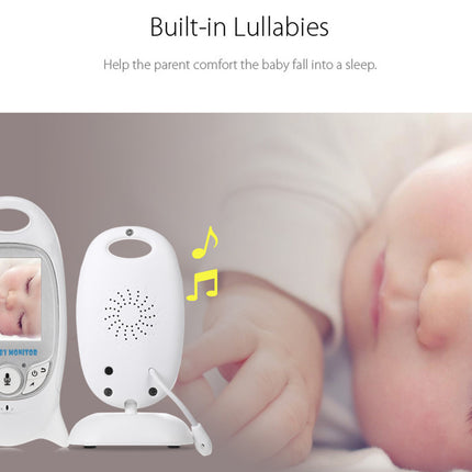 Baby monitor with built-in lullabies feature, showing a baby's face and text on a white background.