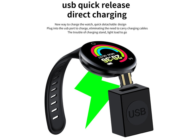 Smartwatch with USB charging cable on a white background