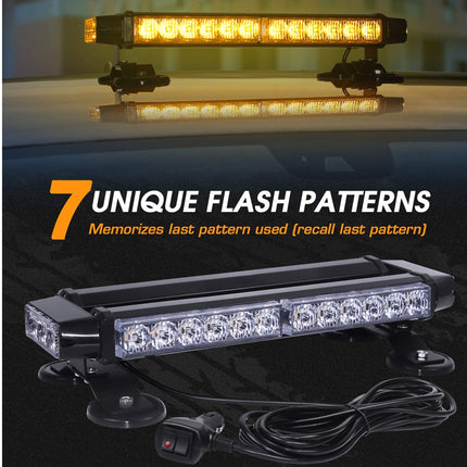 A black LED light bar with suction mount clips and an attached power cord, shown with marketing text reading '7 UNIQUE FLASH PATTERNS' and 'Memorizes last pattern used [recall last pattern]'. The top half shows the light bar mounted on a vehicle roof at night, glowing amber.