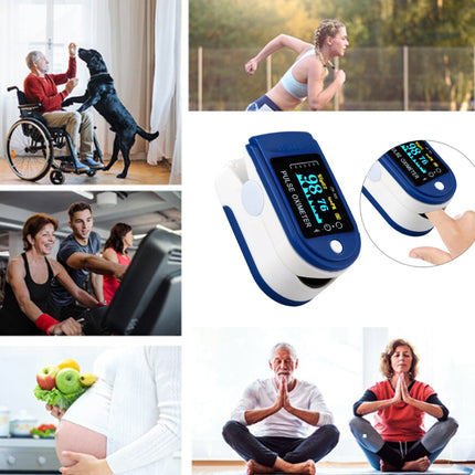 Collage of people in various activities with a focus on a pulse oximeter.