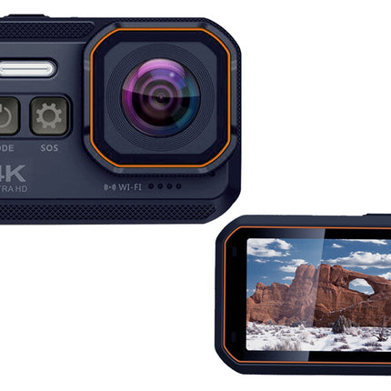 Action camera with 4K Ultra HD display showing a desert landscape