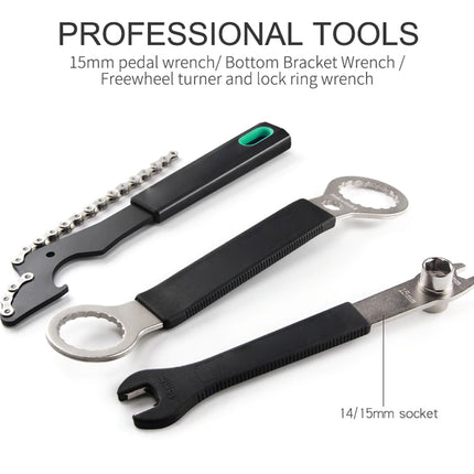 Set of professional bike tools including a pedal wrench, bottom bracket wrench, freewheel turner, and lock ring wrench on a white background.