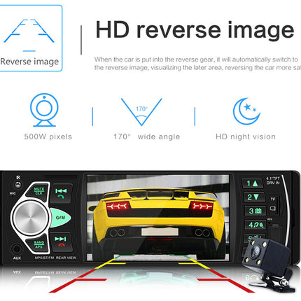 An automotive head unit display screen showing a yellow sports car in reverse gear, with red and yellow parking guidance lines on the screen. Above the device, text reads 'HD reverse image' with icons for reverse image, 500W pixels, 170° wide angle, and HD night vision.