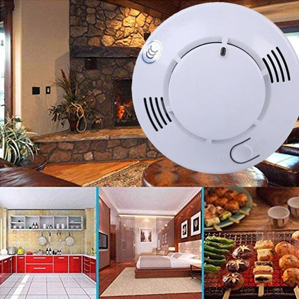 Smoke detector with lifestyle images of a home interior, kitchen, bedroom, and dining area.