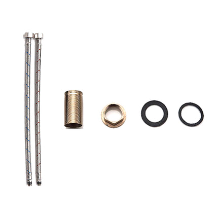 Set of mechanical components including a metal rod, brass washer, and black washers on a white background
