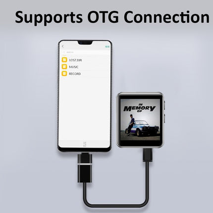 A smartphone and an MP3 player connected by a black USB cable on a light gray background, with the text 'Supports OTG Connection' at the top. The MP3 player screen shows the 'In Memory' album art.