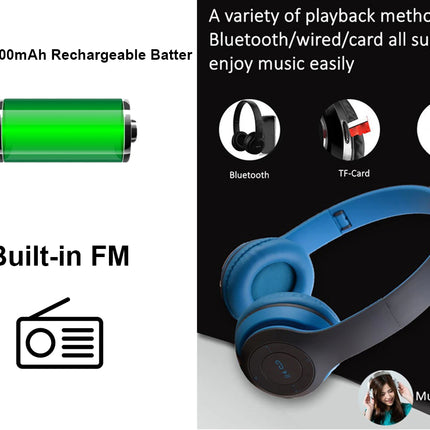 Headphones with battery icon, FM radio icon, and playback method icons on a black background.