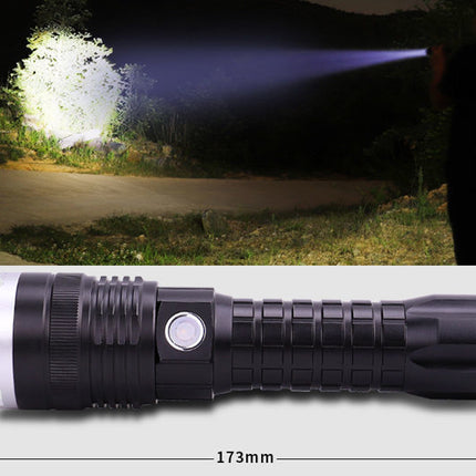 Flashlight being used to illuminate a dark outdoor area with measurements of the flashlight displayed below.