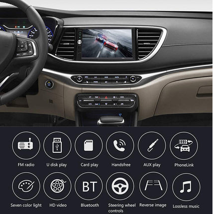 Car dashboard infotainment system with a large touchscreen display and a row of feature icons below, including FM radio, U disk play, card play, handsfree, AUX play, PhoneLink, seven color light, HD video, Bluetooth, steering wheel controls, reverse image, and lossless music.