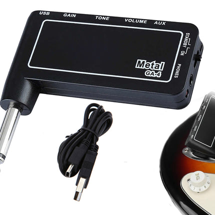 Guitar effects pedal with cable and guitar on a white background